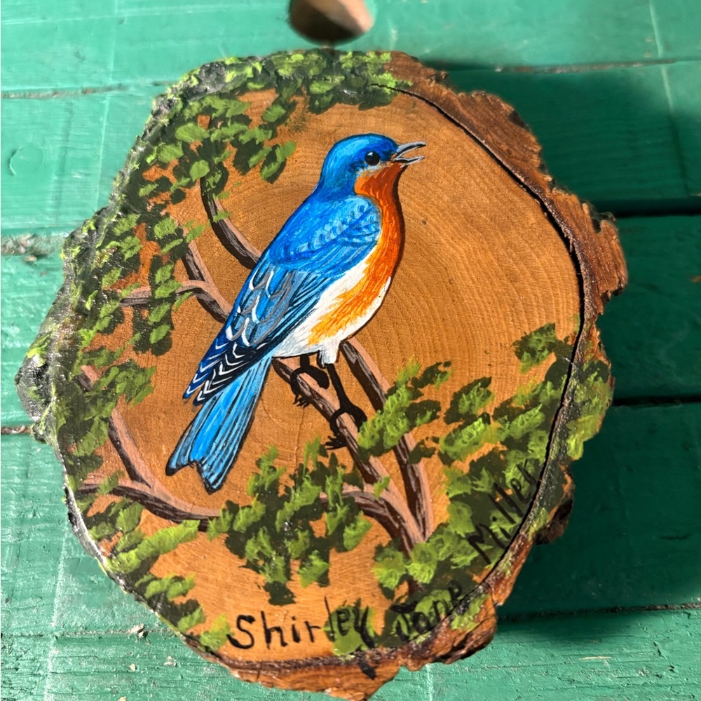 Hand-Painted Bluebird Wood Slice Wall Art